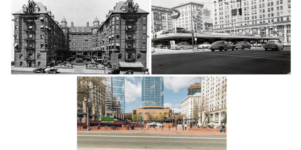 The Portland Hotel and Meier & Frank parking lot and Pioneer Courthouse Square