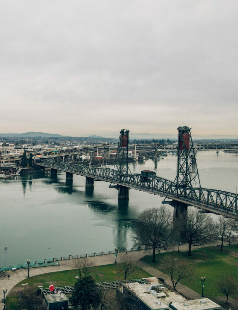 An aerial photo of the Hawthorne Bridge in Portland, Oregon