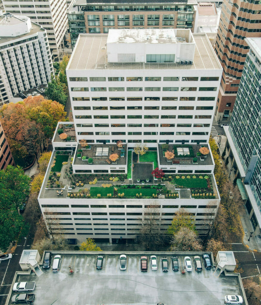 An aerial photo of the Melvin Mark's Columbia Square building in Portland, Oregon